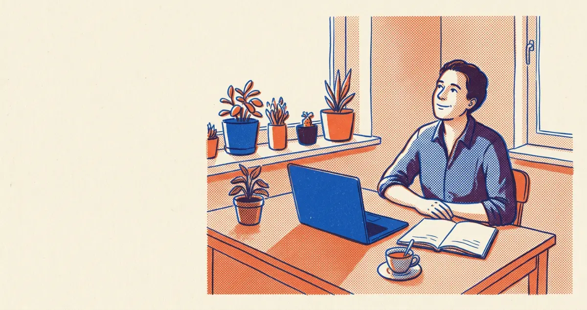 Person arbeitet entspannt an einem hellen Arbeitsplatz und blickt vom Notizbuch auf.