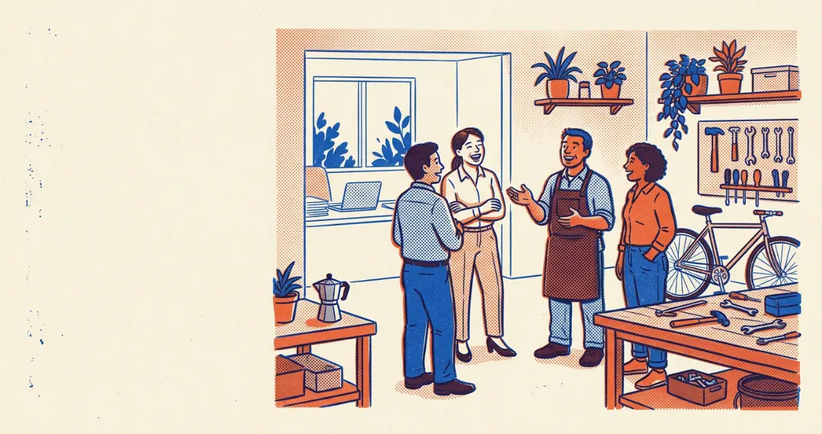 Kleines Team aus Werkstatt und Büro steht morgens zur kurzen Absprache zusammen.