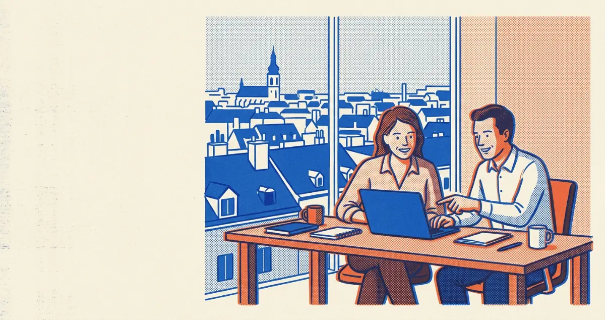 Zwei Personen arbeiten in einem hellen Büro zusammen, durch das Fenster sind Dächer zu sehen.