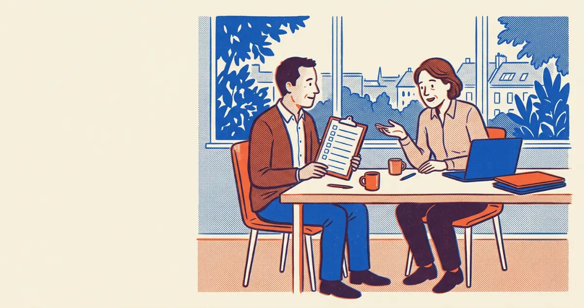 Zwei Personen am Tisch: eine hält eine ausgedruckte Checkliste, die andere stellt eine Frage.